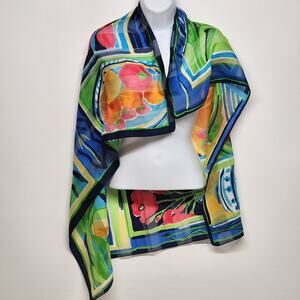 Geometric Silk Blend Square Scarf 34" Abstract Colorful Print Roll Edge Vintage